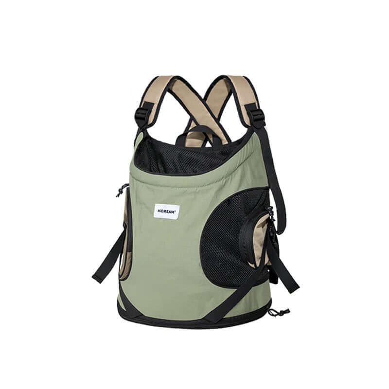 Front-facing cuddle pet carrier backpack bag with crossed shoulder straps, breathable mesh panels