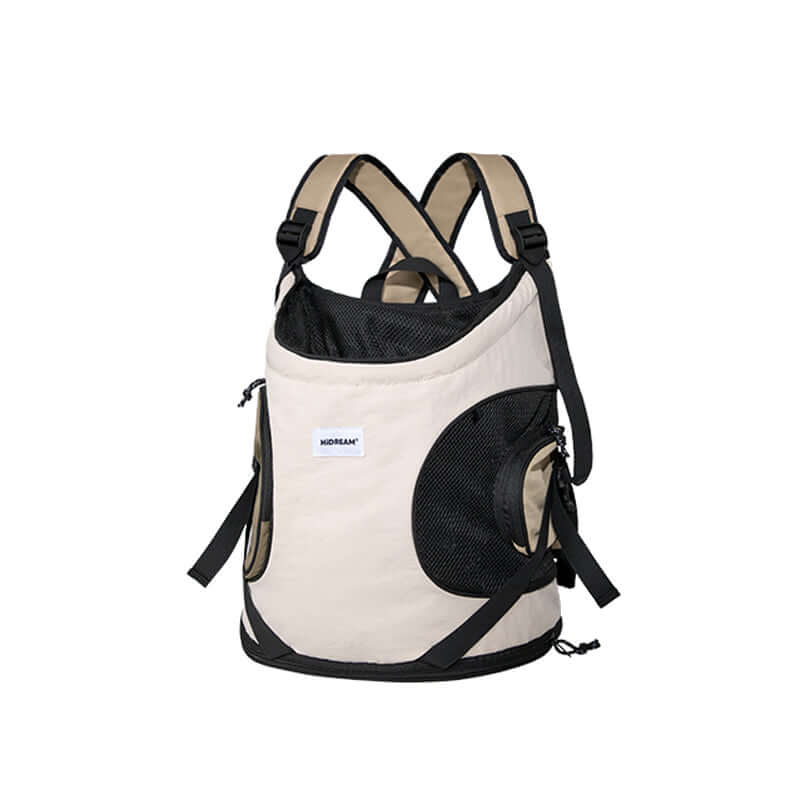 Front-Facing Cuddle Pet Carrier Backpack - Beige/Black, X-strap design, breathable mesh, waterproof nylon