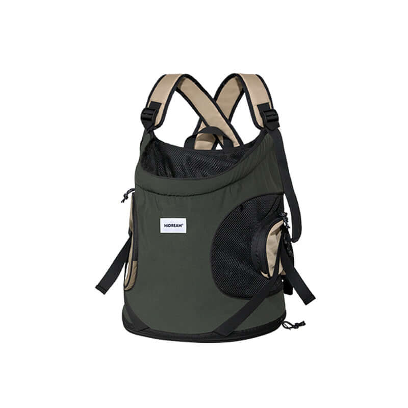 Front-facing pet carrier backpack with crossed shoulder straps, breathable mesh panels