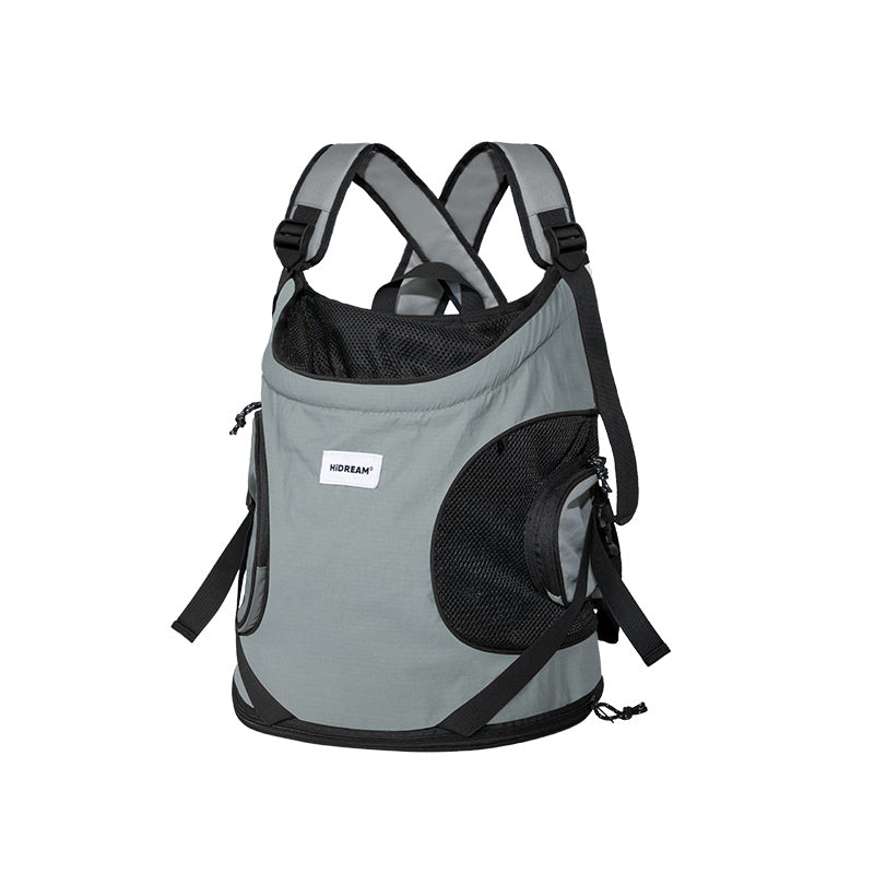 Front-Facing Cuddle Pet Carrier Backpack - Gray with black mesh panels, X-strap design, waterproof nylon